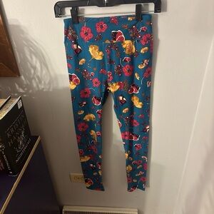 LuLaRoe Teal Leggings with Pink and Yellow Floral Print